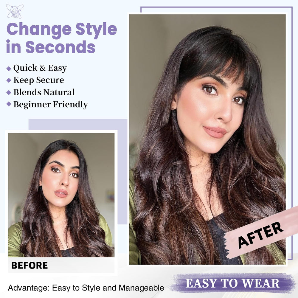 Niceone Hair Wispy Bangs in-use demonstrates quick transformation for events.