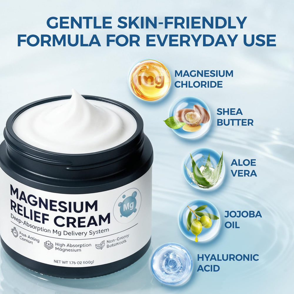 Nichalous magnesium joint-relief cream applied to arm with non-greasy finish.