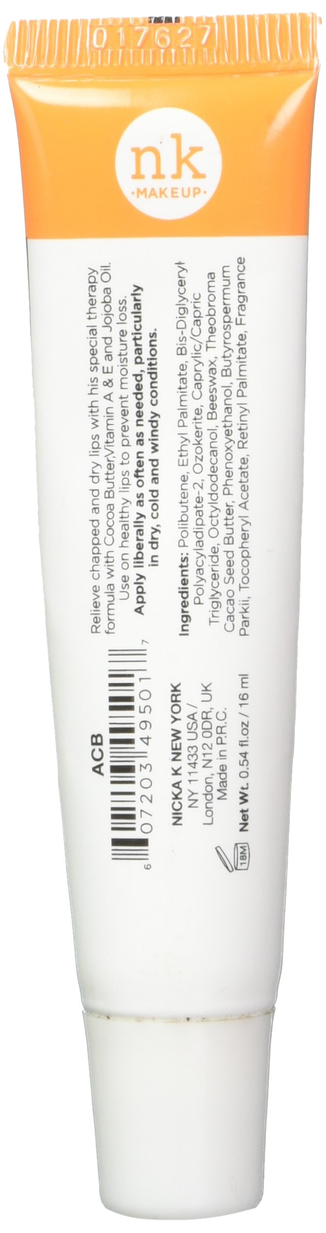Nicka K Cocoa Butter Lip Therapy swatch on lip showing deep moisture.