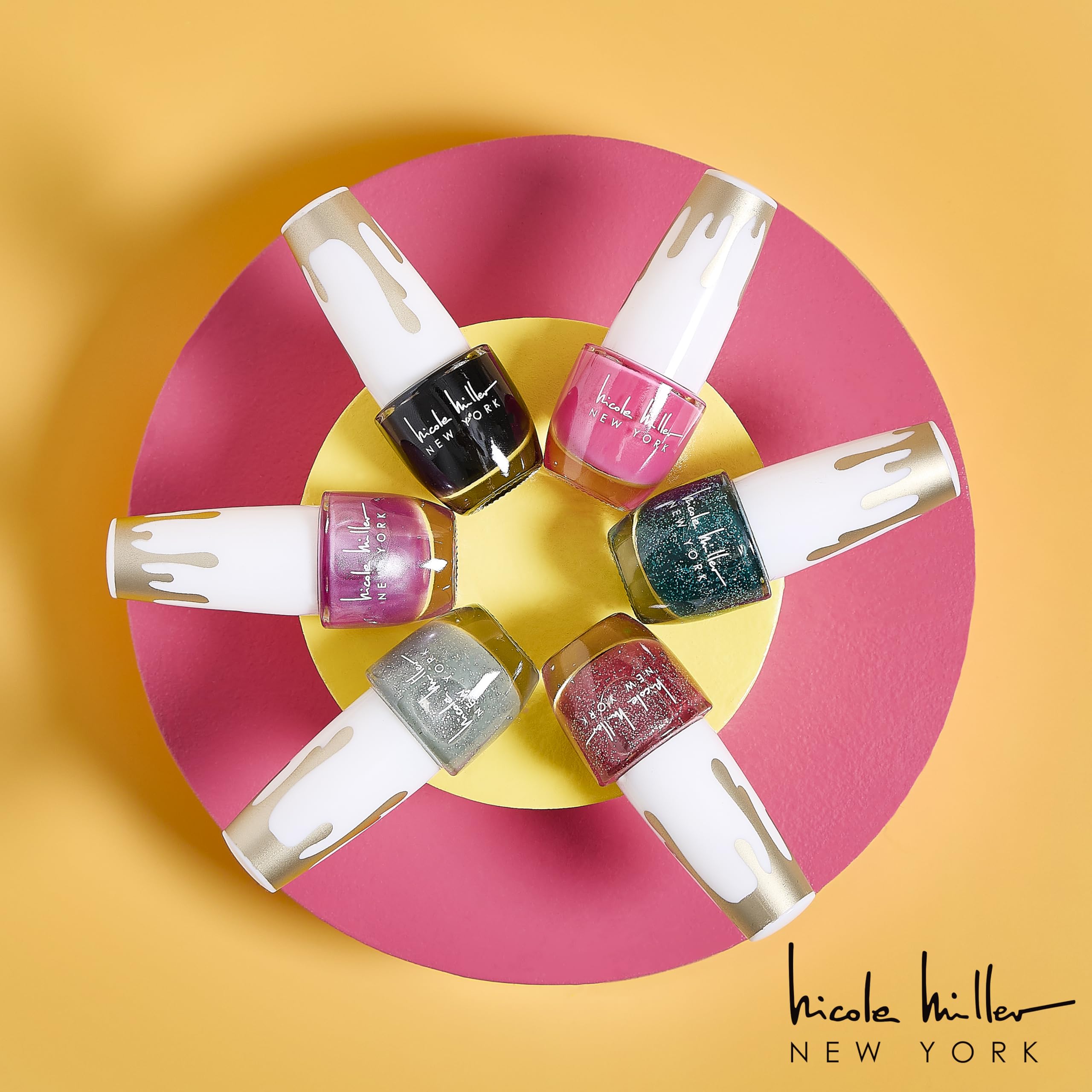 Nicole Miller New York gel polish bottle color display with vibrant shade options