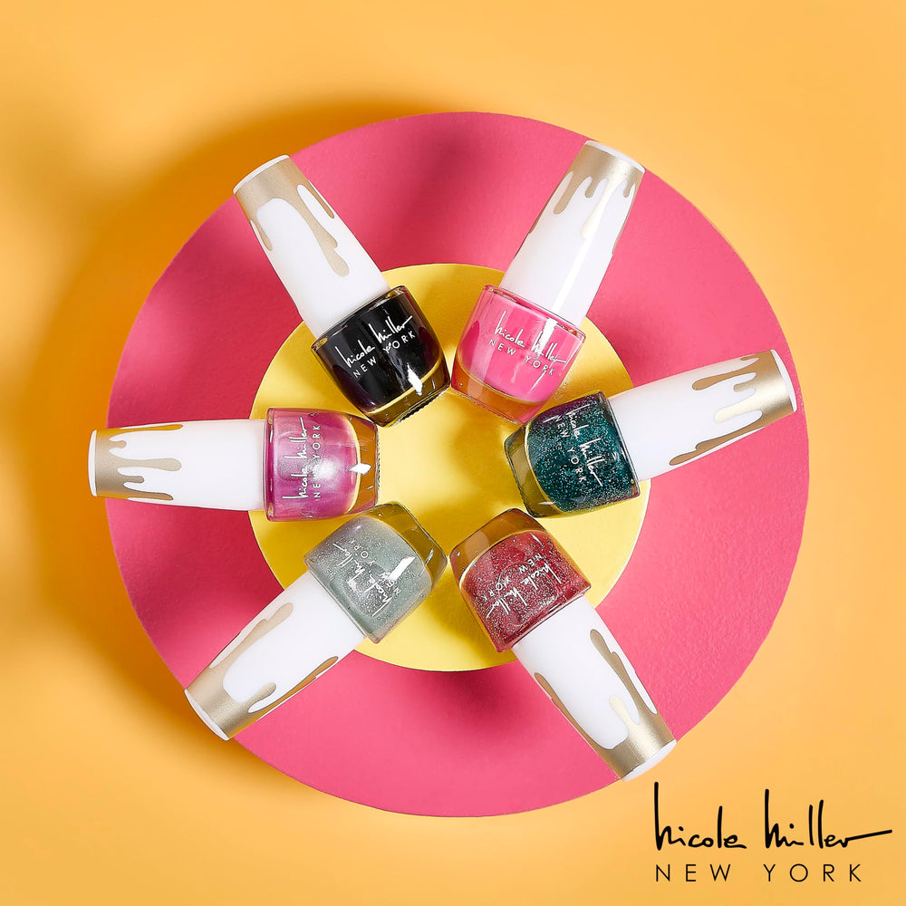 Nicole Miller New York gel polish bottle color display with vibrant shade options