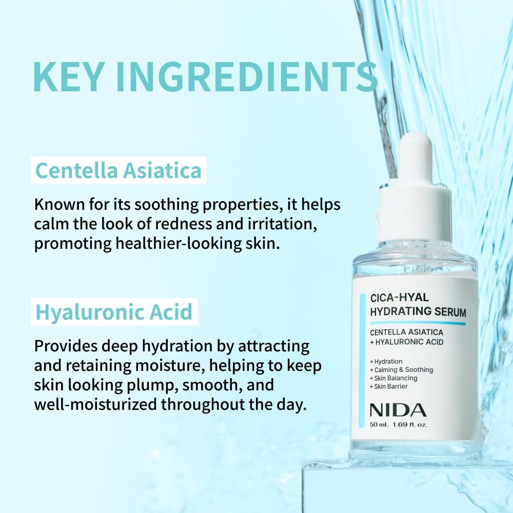 NIDA Centella Hydrating Serum droplet on skin demonstrates rapid absorption and soothing feel.