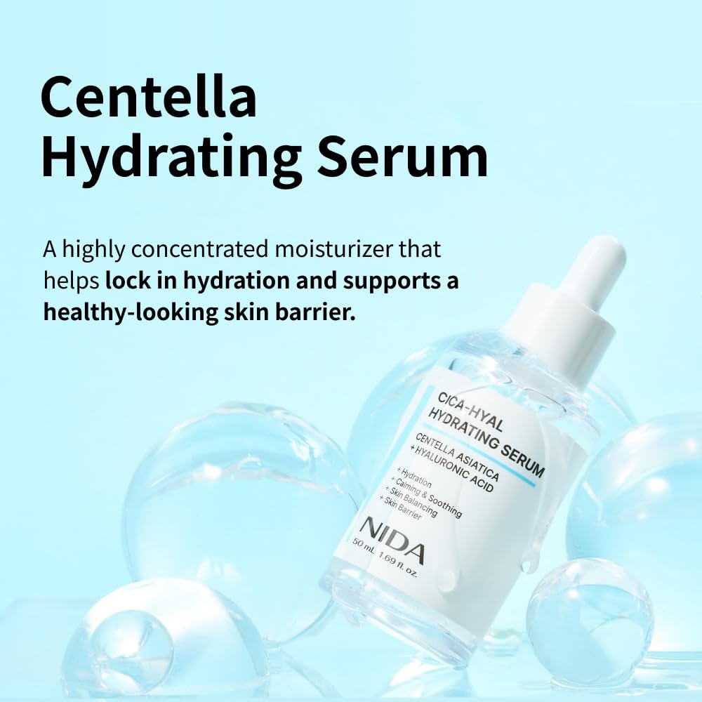 NIDA Centella Hydrating Serum packaging close-up highlighting clean formulation and Korean-made quality.