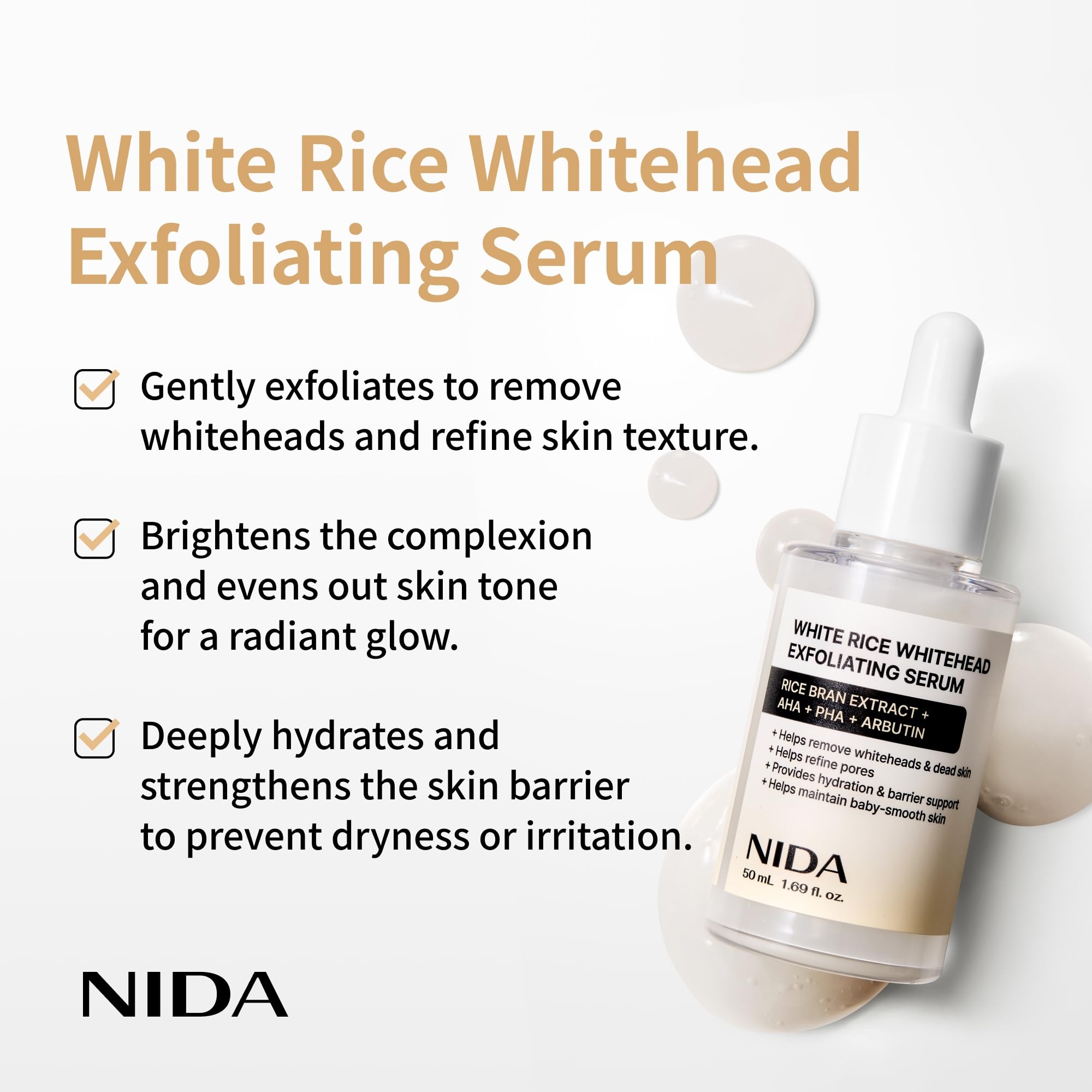 Rice bran water visual highlighting brightening ingredients for clearer skin.