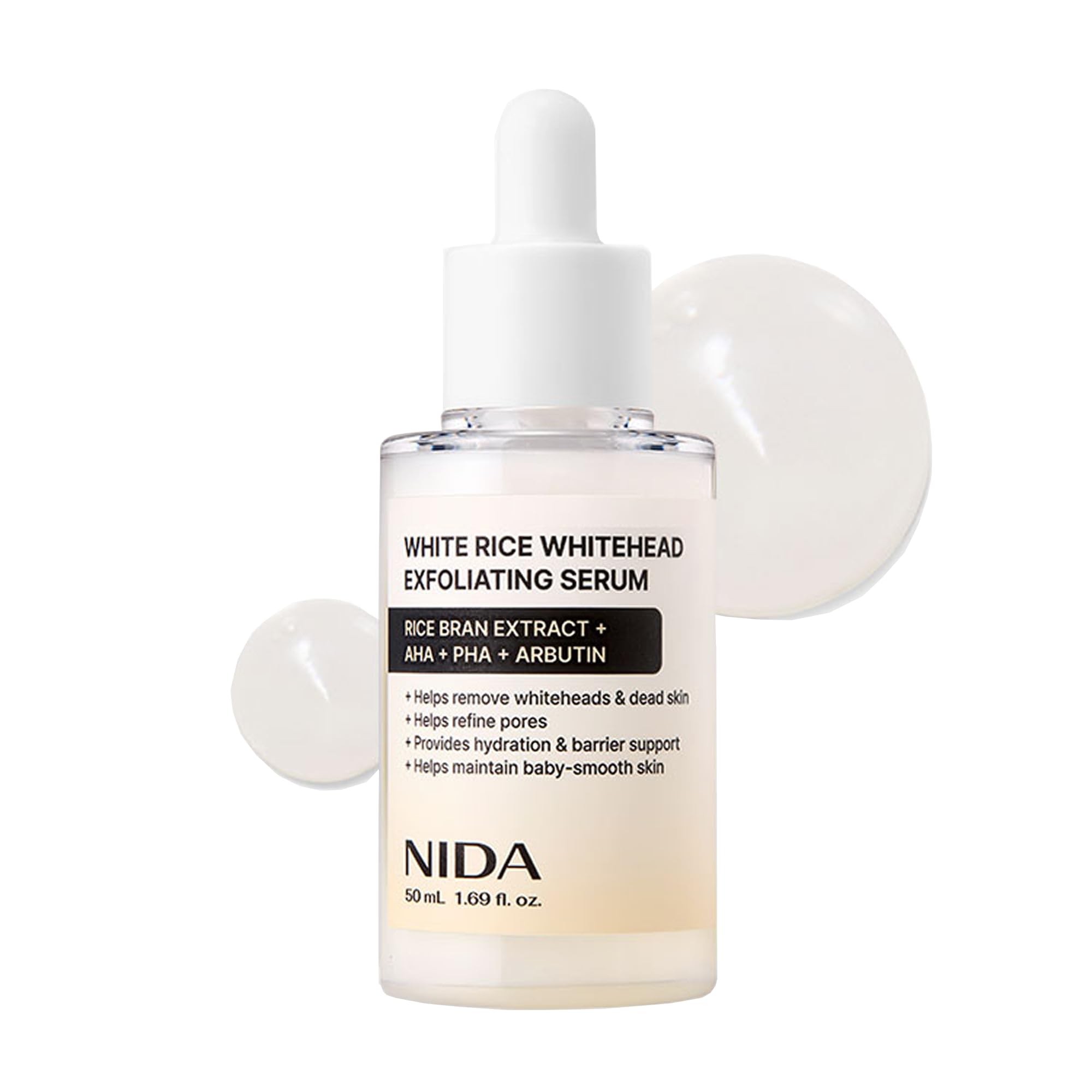 NIDA White Rice Whitehead Serum bottle shown for daily exfoliation and hydration.