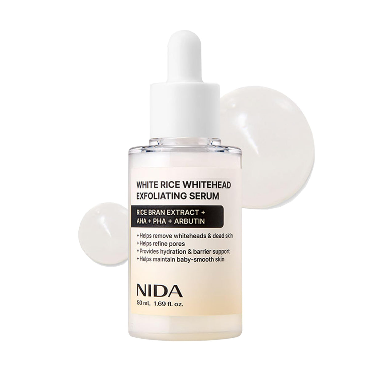 NIDA White Rice Whitehead Serum bottle shown for daily exfoliation and hydration.