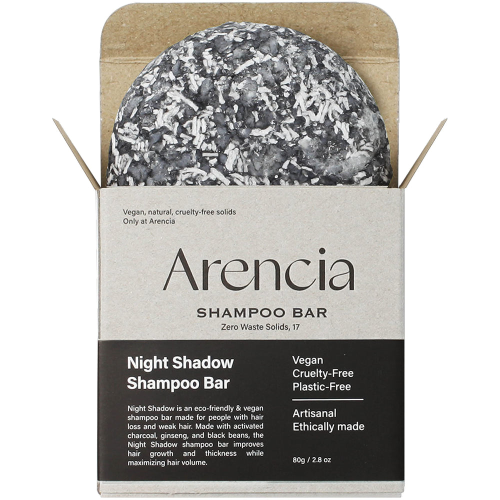 ARENCIA Night Shadow Biotin Shampoo Bar packaging highlights sustainable, plastic-free design.
