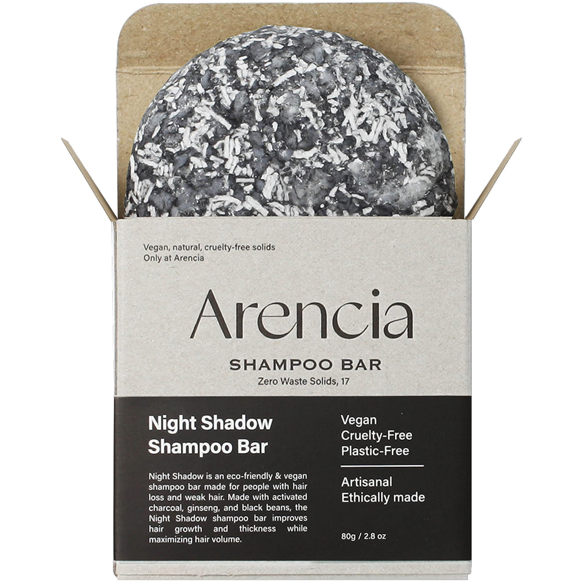 ARENCIA Night Shadow Biotin Shampoo Bar packaging highlights sustainable, plastic-free design.