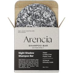 ARENCIA Night Shadow Biotin Shampoo Bar packaging highlights sustainable, plastic-free design.