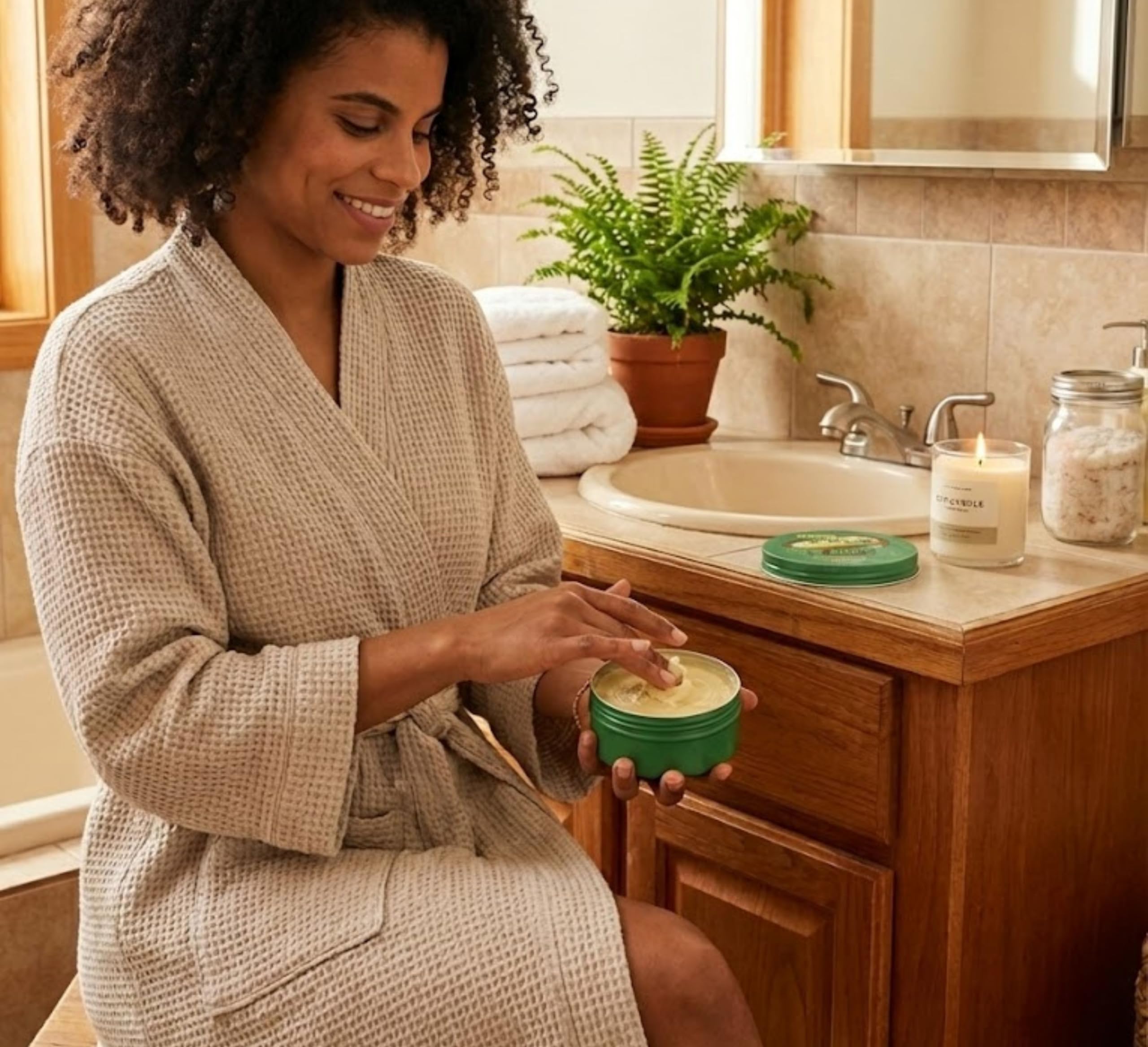 Nimba Foods whipped shea butter helps tame frizz for smooth hair.