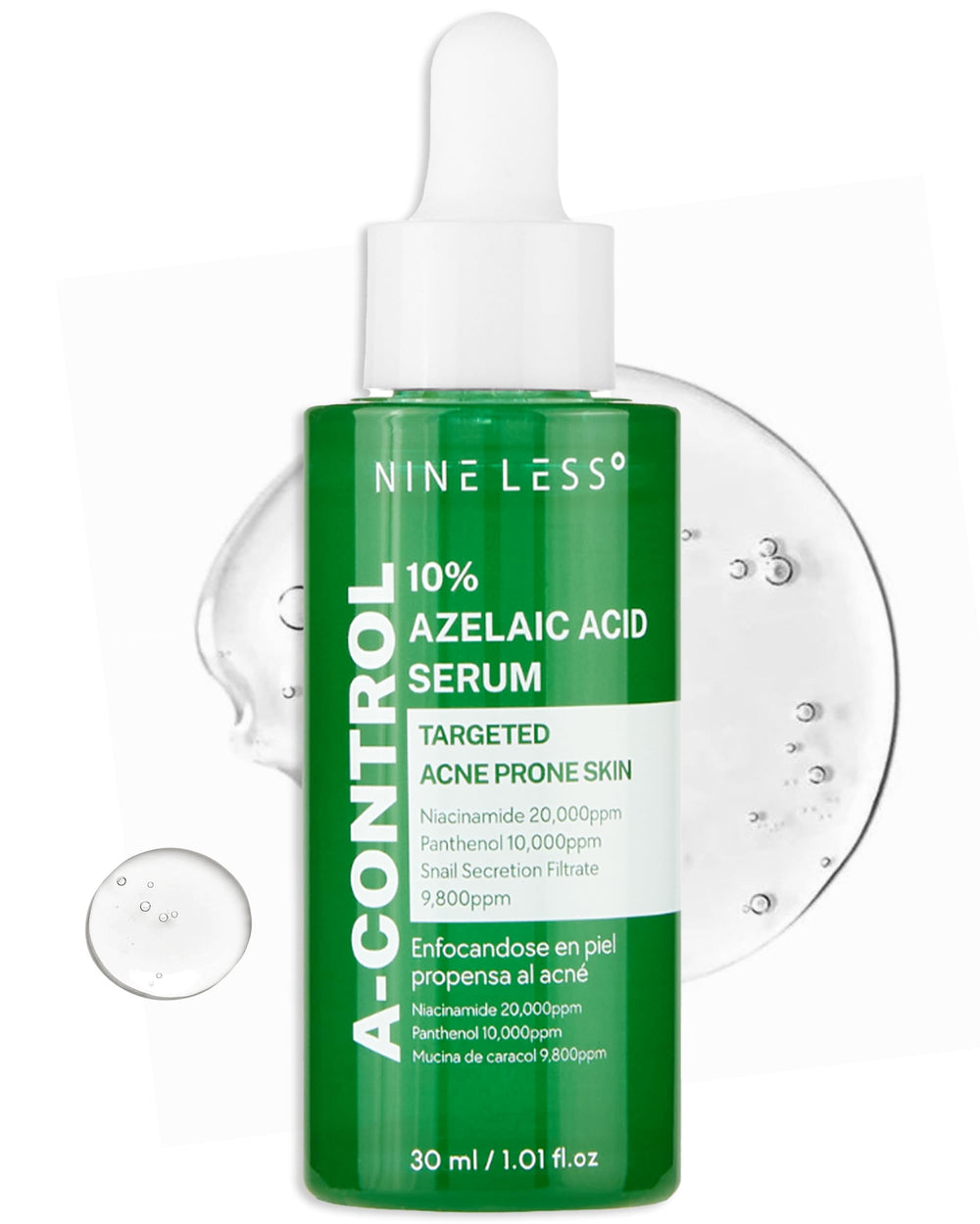 NINELESS 10% Azelaic Serum bottle shown for daily use and redness relief.