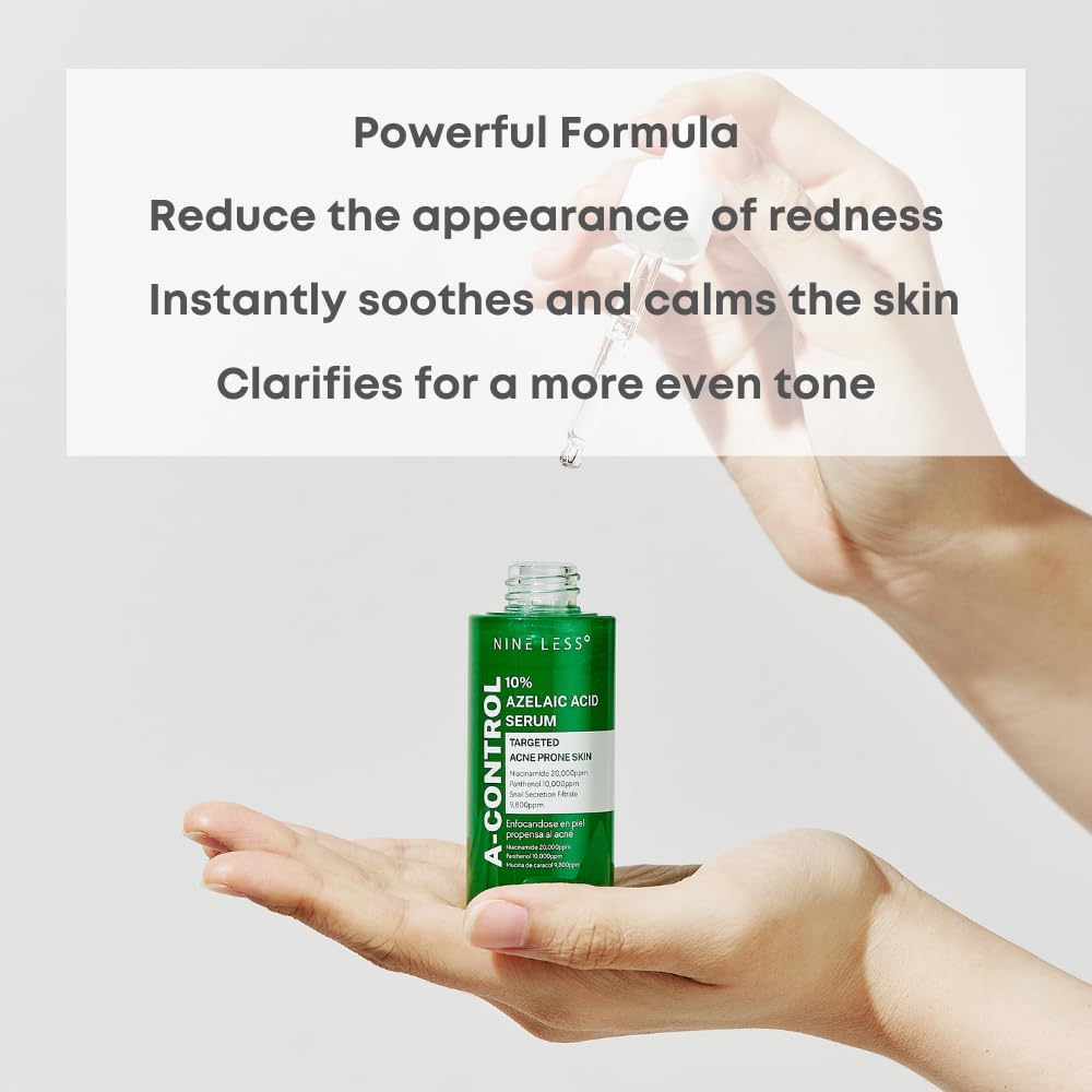 NINELESS A-Control serum applied to skin demonstrating smoothing and even tone