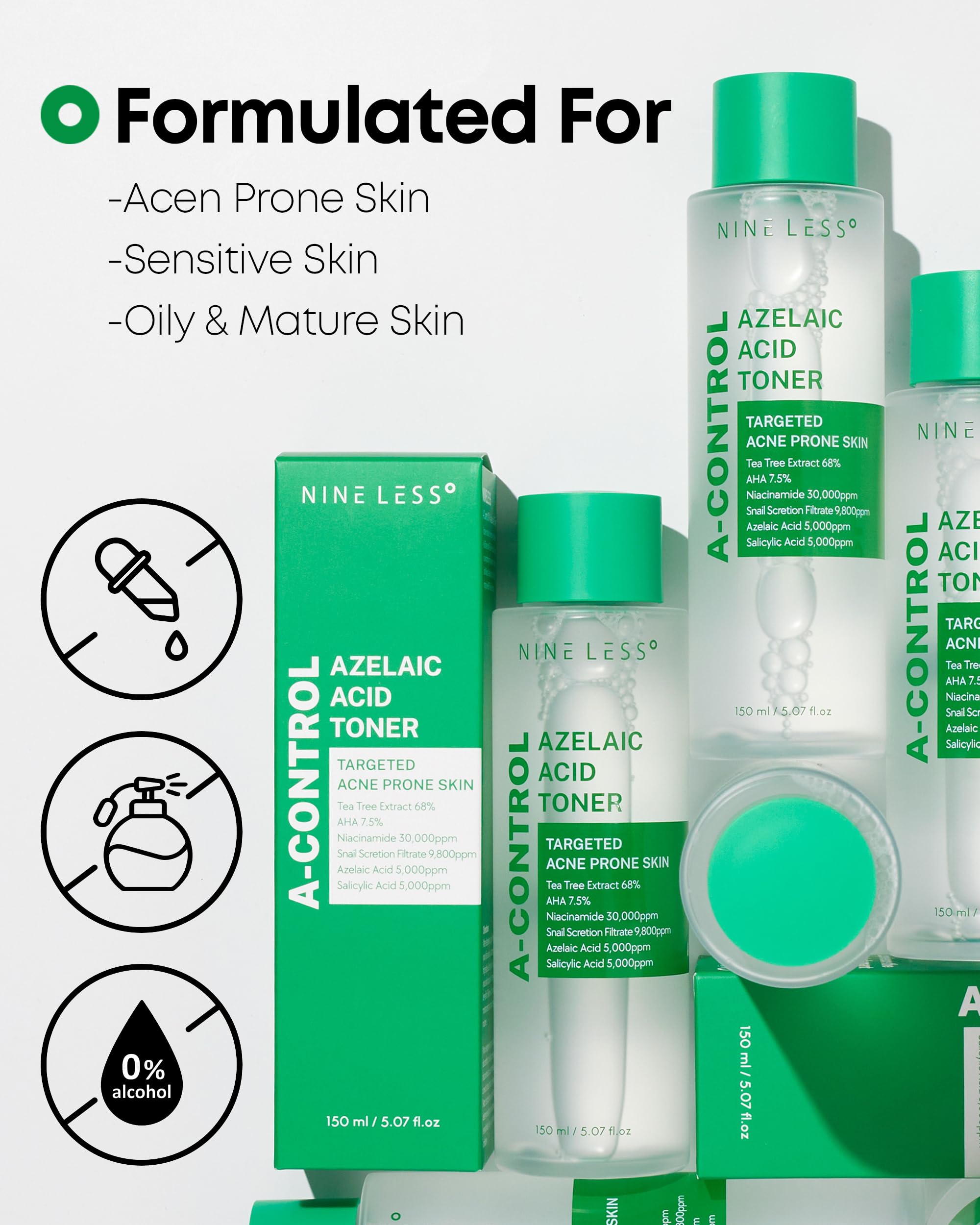 Toner droplets on skin delivering cooling relief and gentle exfoliation.