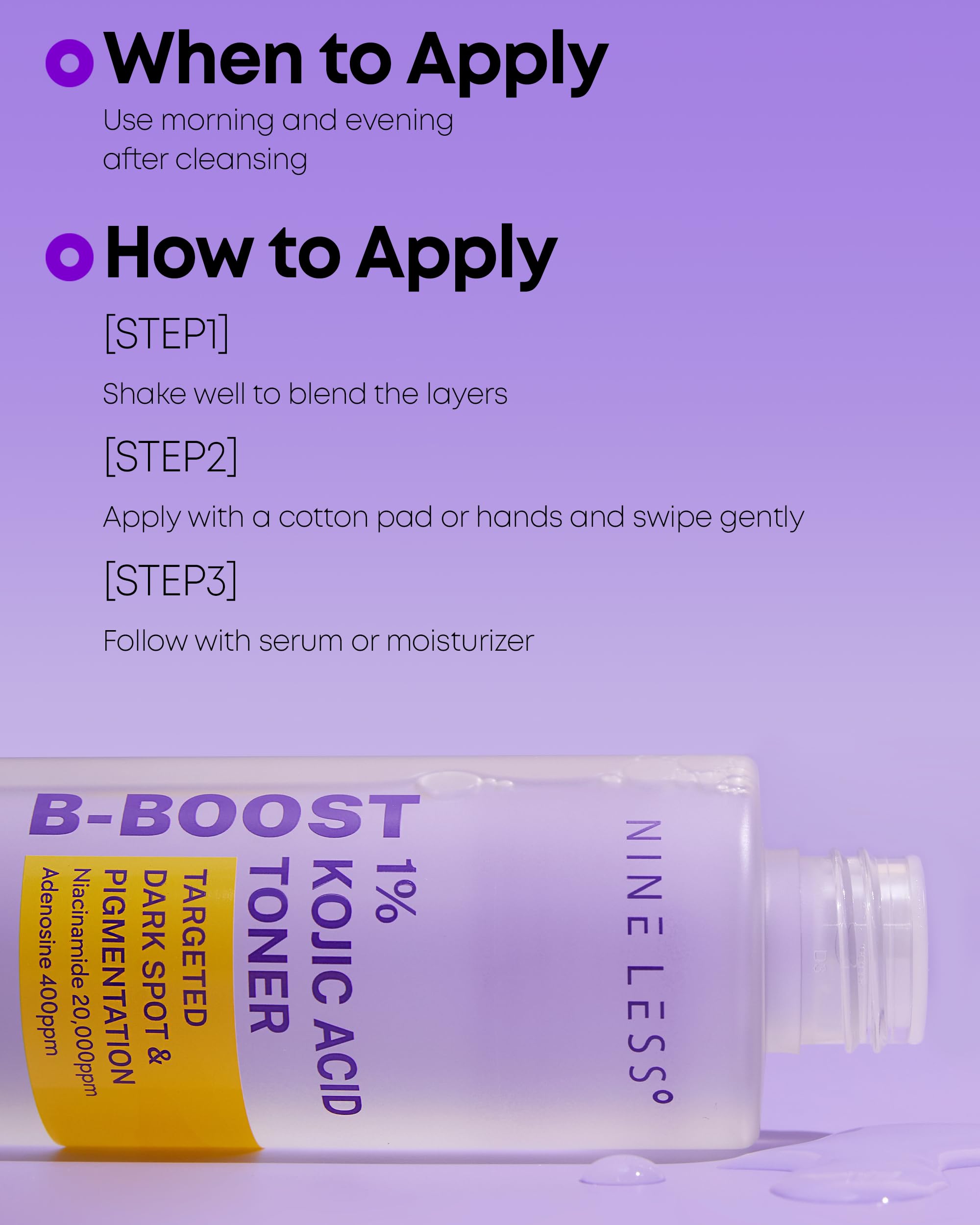 NINELESS toner glass bottle close-up with soft glow for radiant skin.