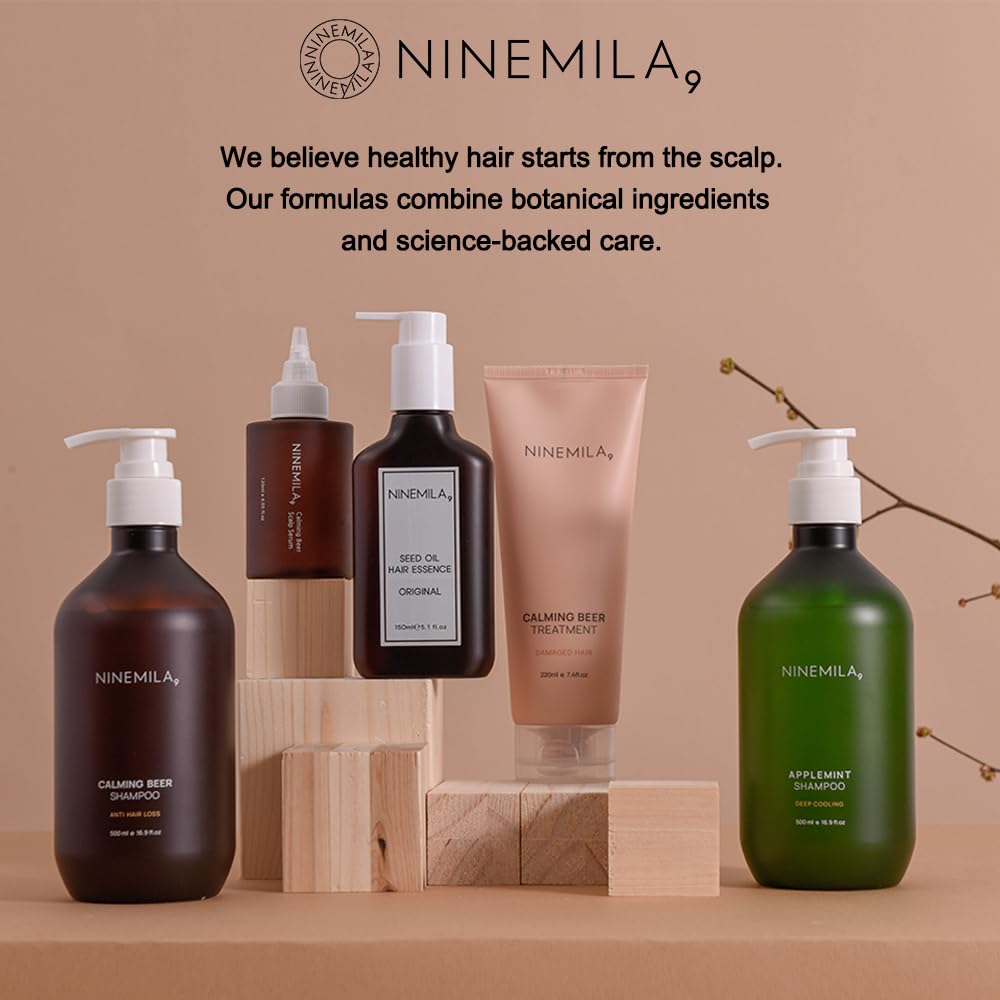 NINEMILA9 Calming Beer Shampoo packaging display highlights sustainable, color-safe care.