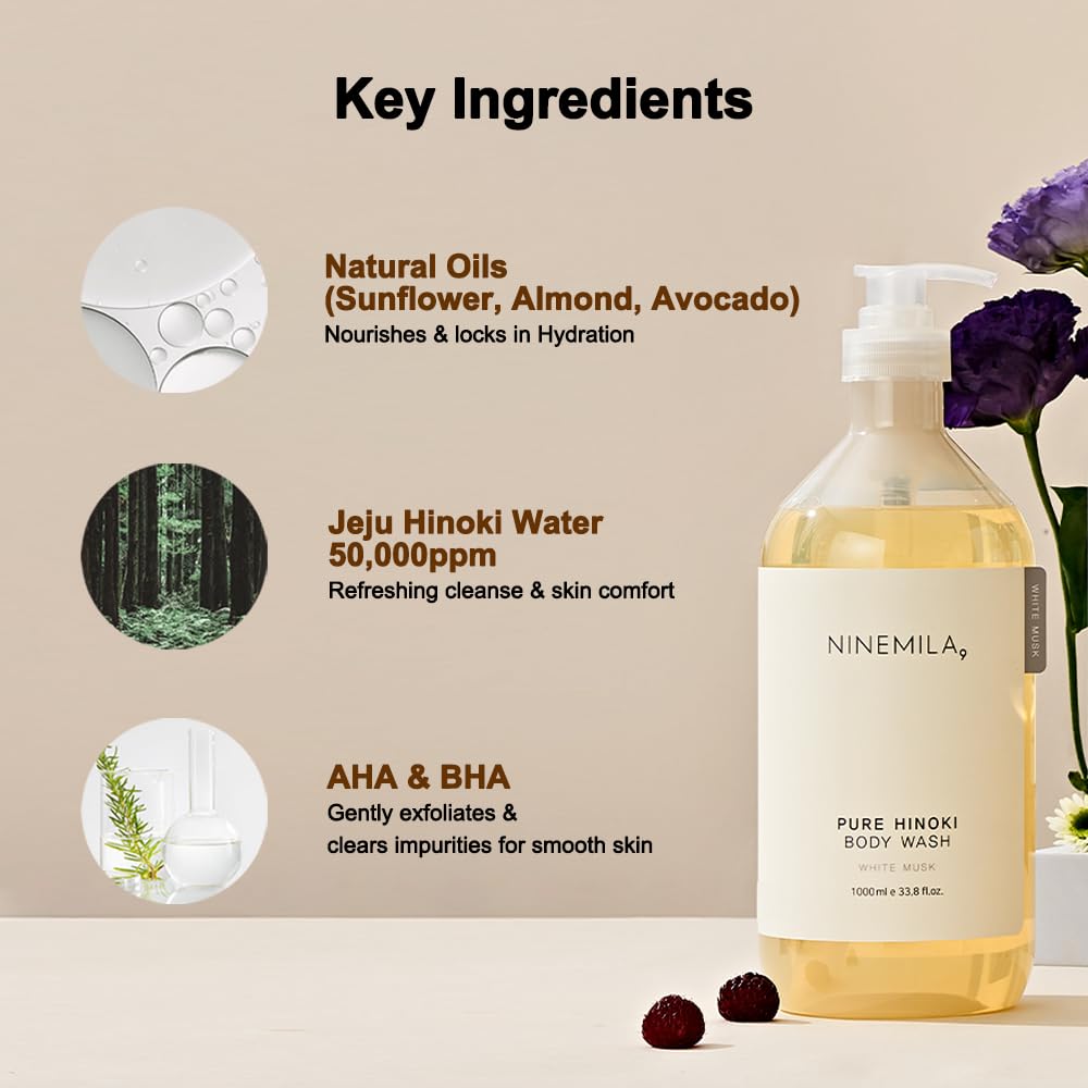 NINEMILA9 Pure Hinoki Body Wash bottle top showing pump for easy daily use