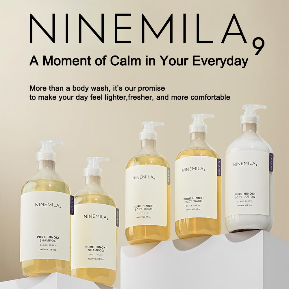 NINEMILA9 Pure Hinoki Body Wash family-size bottle in frame for long-term use