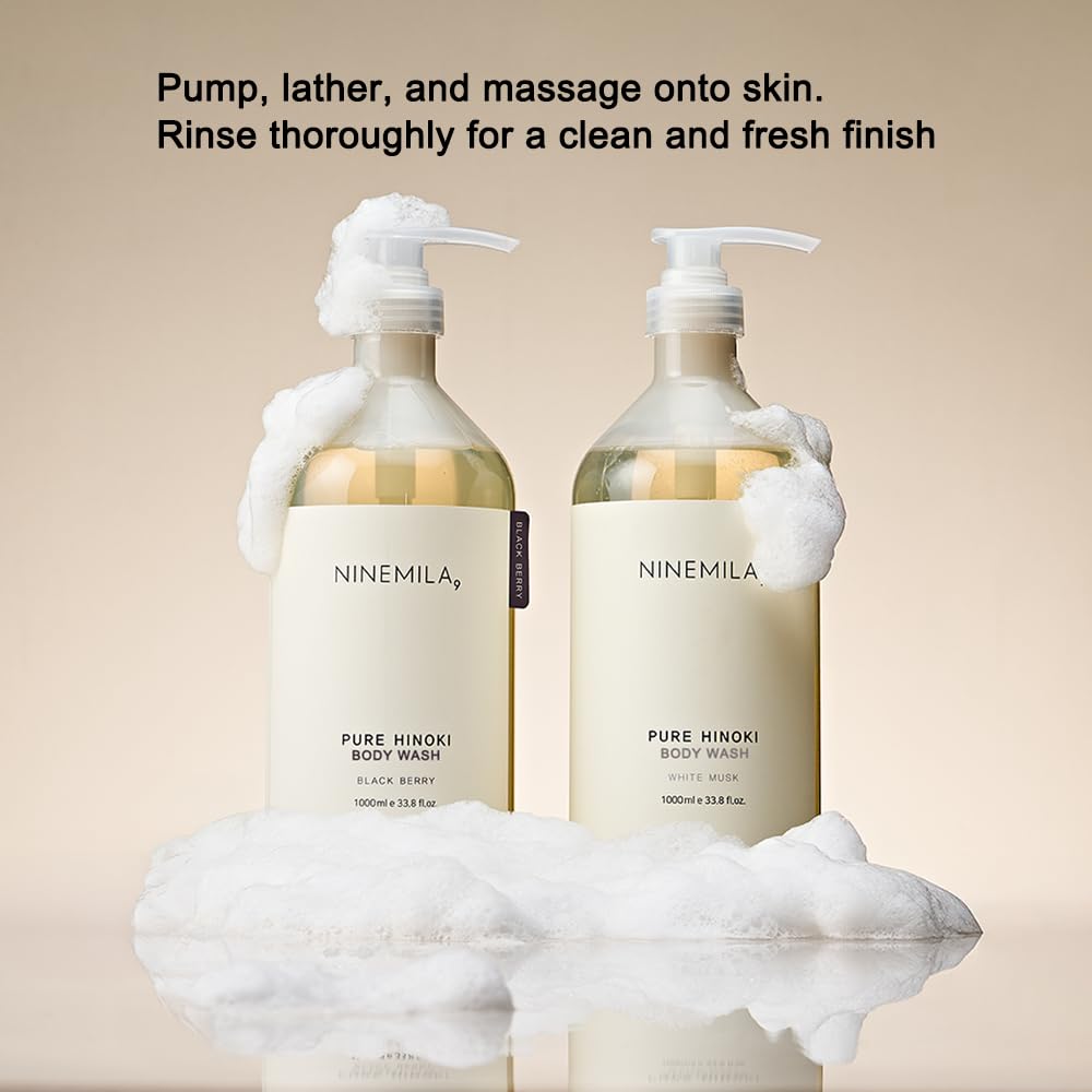 NINEMILA9 Pure Hinoki Body Wash white musk close-up with calming fragrance