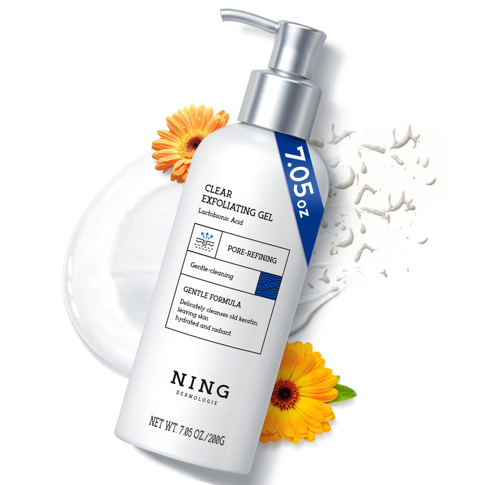 NING DERMOLOGIE exfoliating face scrub pump demonstrates gentle cleansing for smoother skin and refined pores