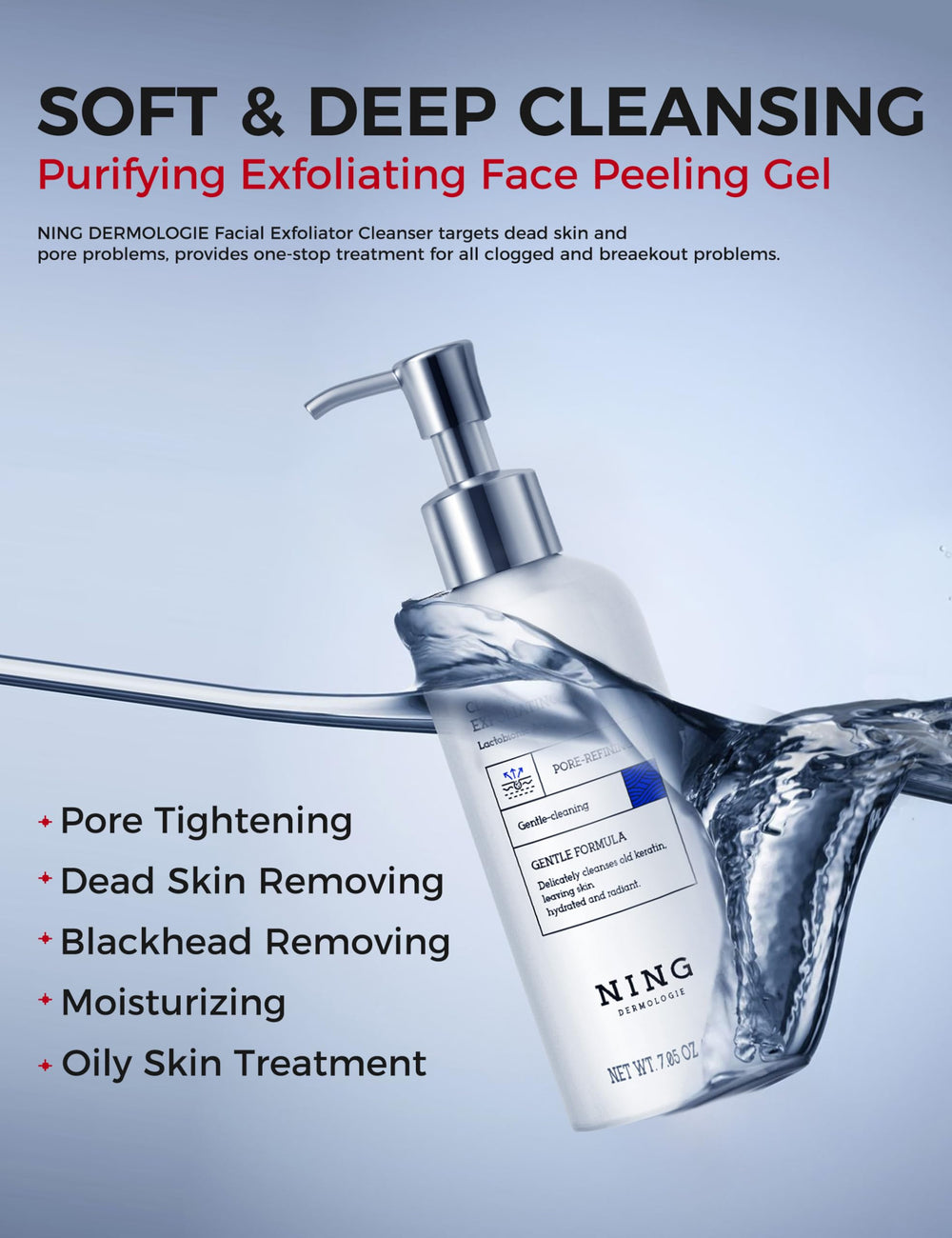 NING DERMOLOGIE peeling gel texture closeup highlights premium ingredients for gentle skin renewal