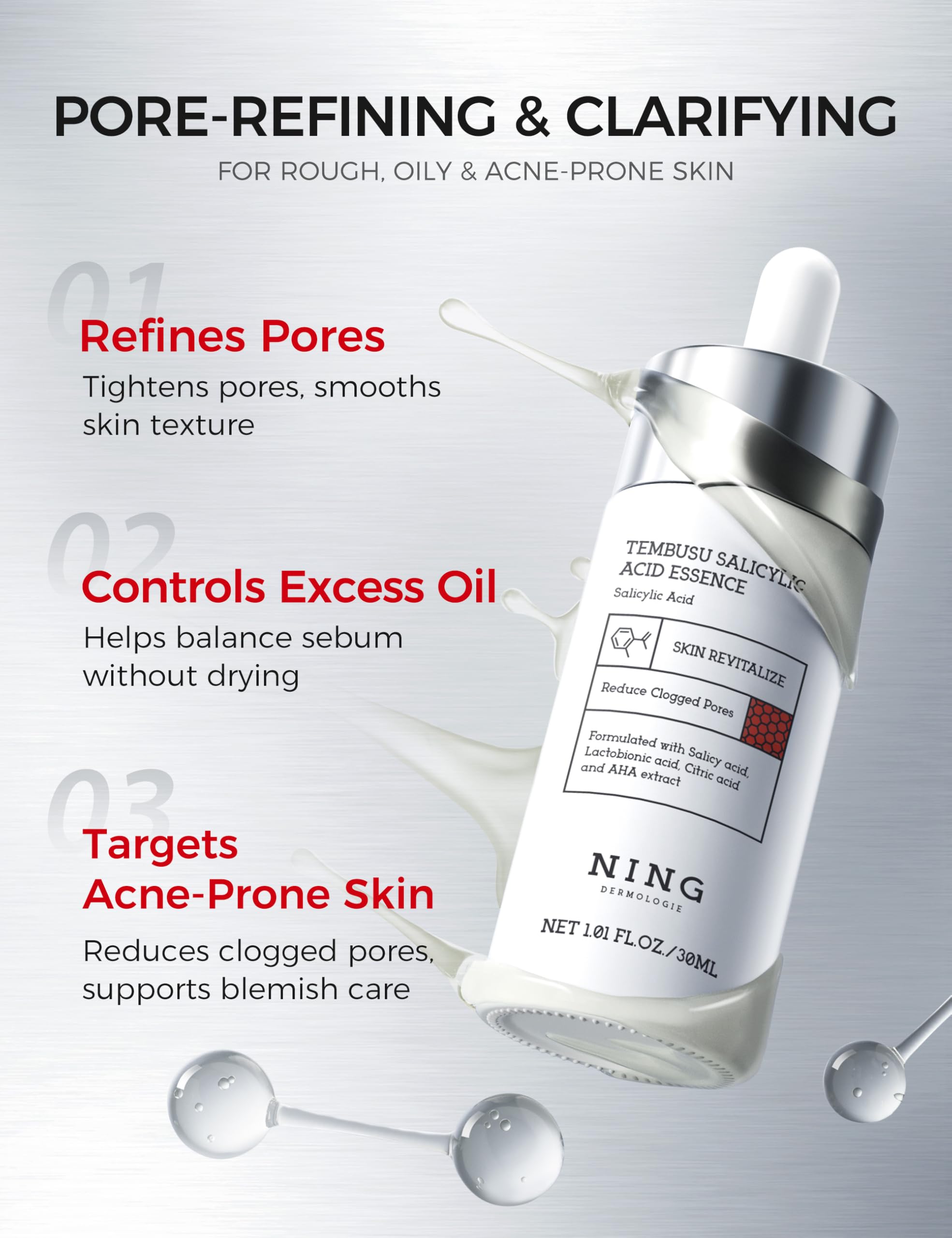 NING DERMOLOGIE serum dropper closeup showing precise application