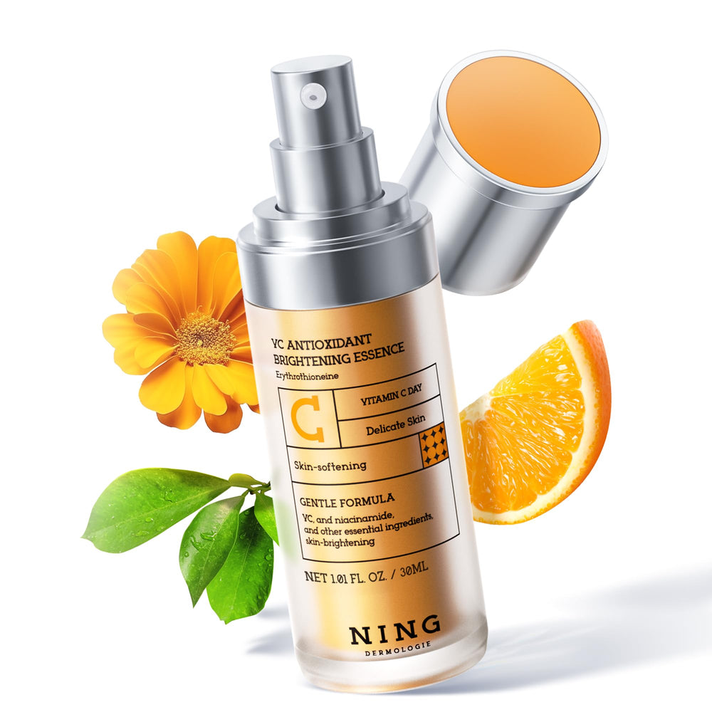 NING DERMOLOGIE Vitamin C Serum bottle front promotes radiant, hydrated skin.