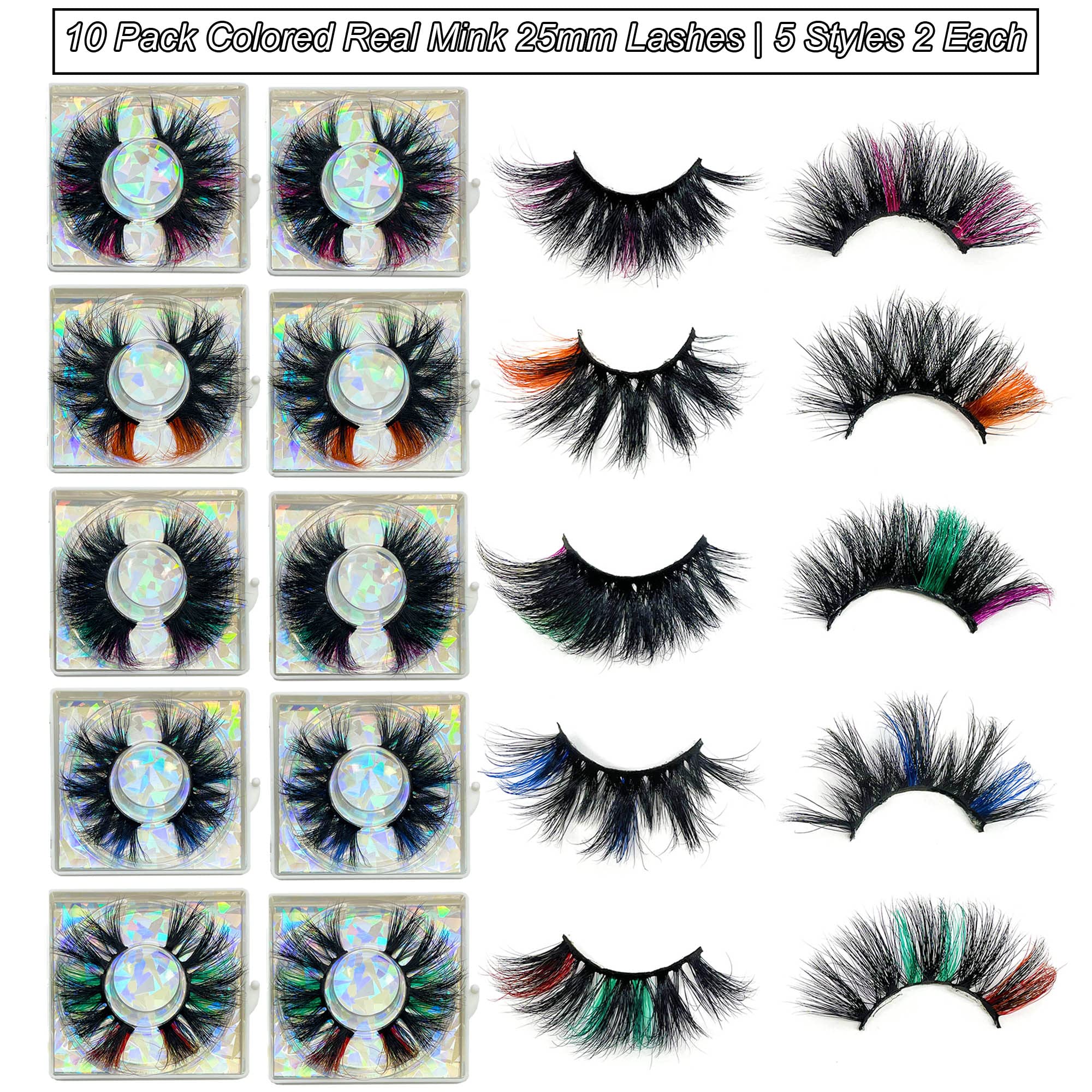Ninglash 10-pack Colored Mink Lashes 25mm with 9D drama for standout eyes.