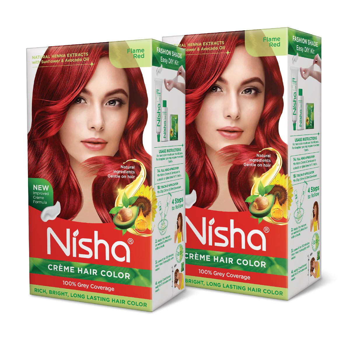 Nisha Flame Red color kit contents for convenient home dye application and quick color results.