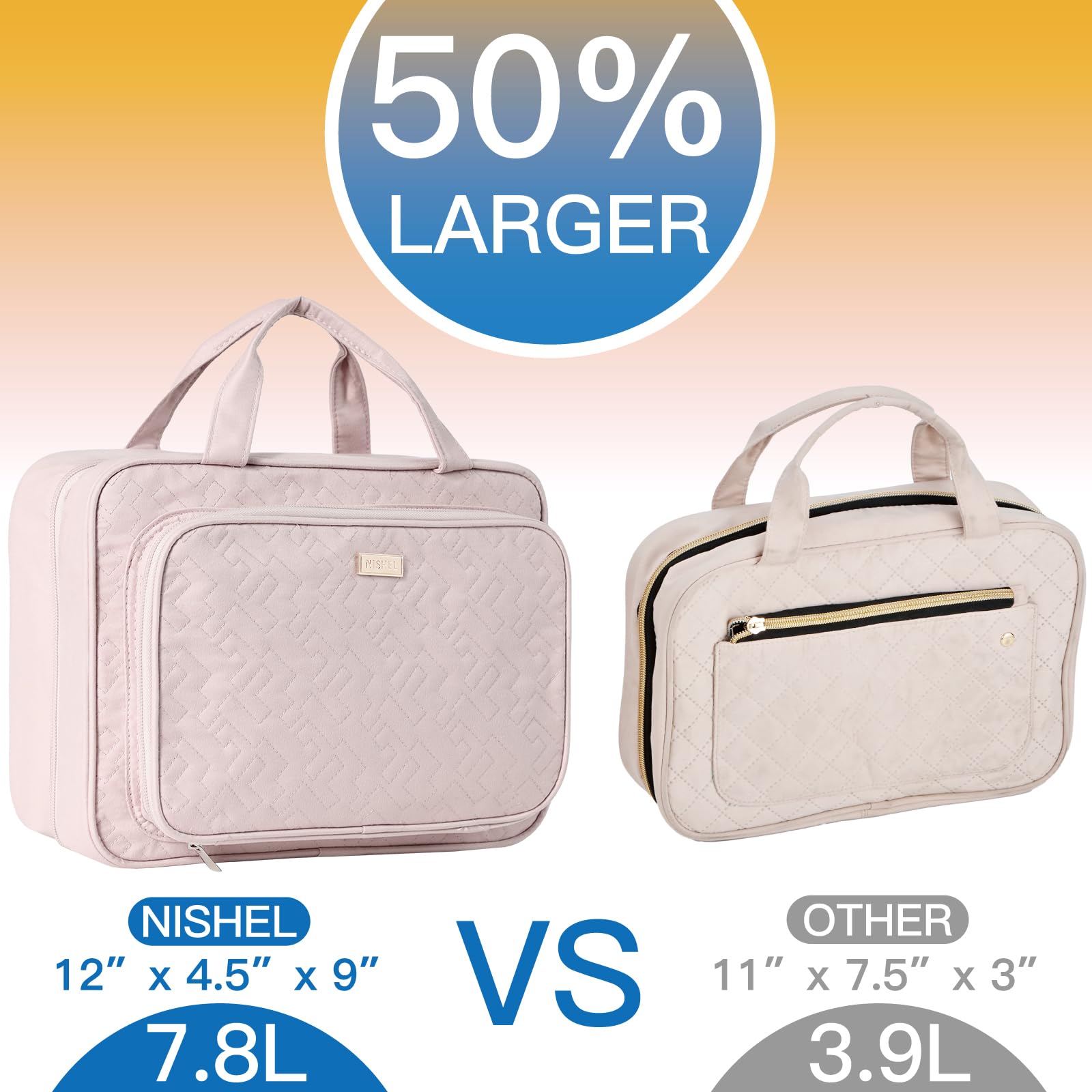 NISHEL bag open reveals compact layout for full-sized bottles and skincare.