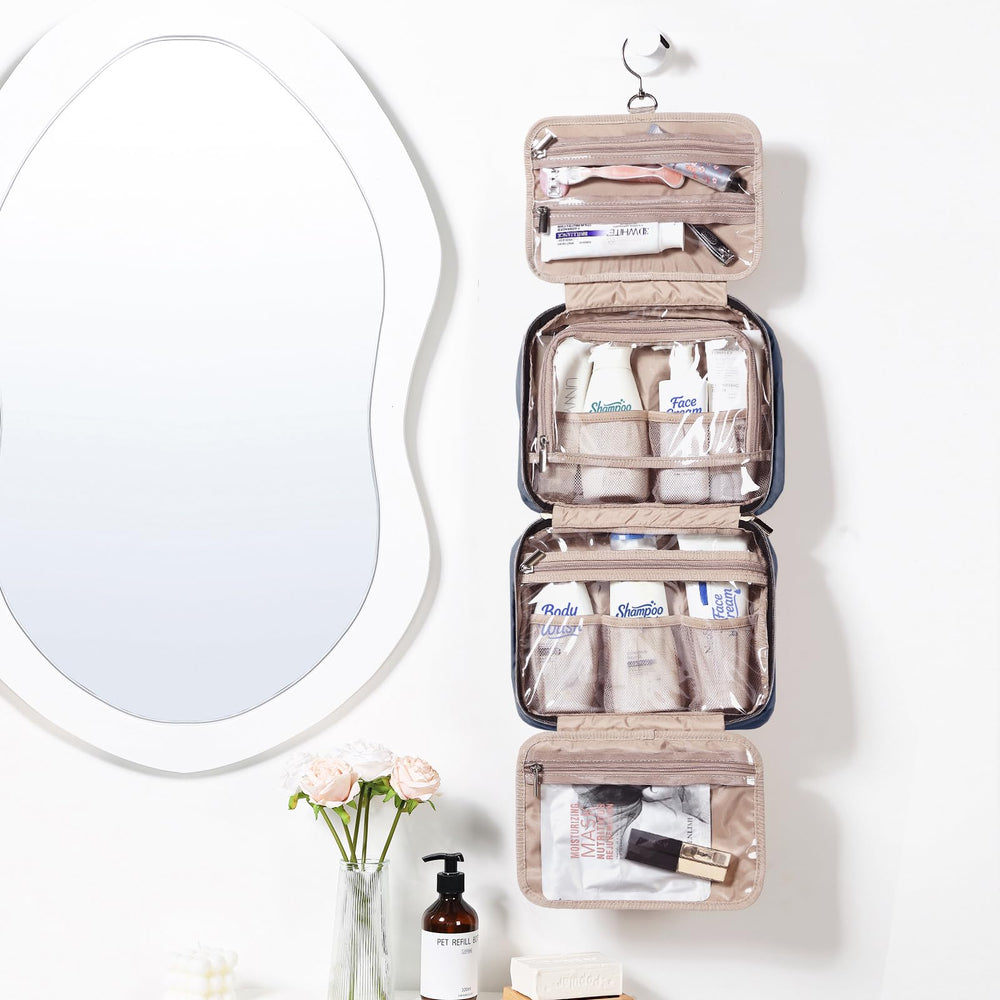 NISHEL Travel Toiletry Bag Aegean Blue hanging hook enables quick access.