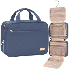 NISHEL Travel Toiletry Bag in Aegean Blue with main compartment for cosmetics and travel-size bottles.