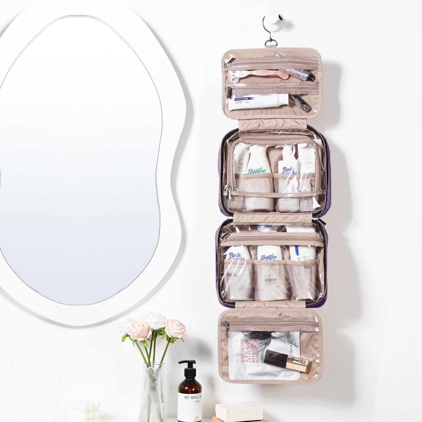 NISHEL travel toiletry bag interior compartments keep cosmetics organized during travel