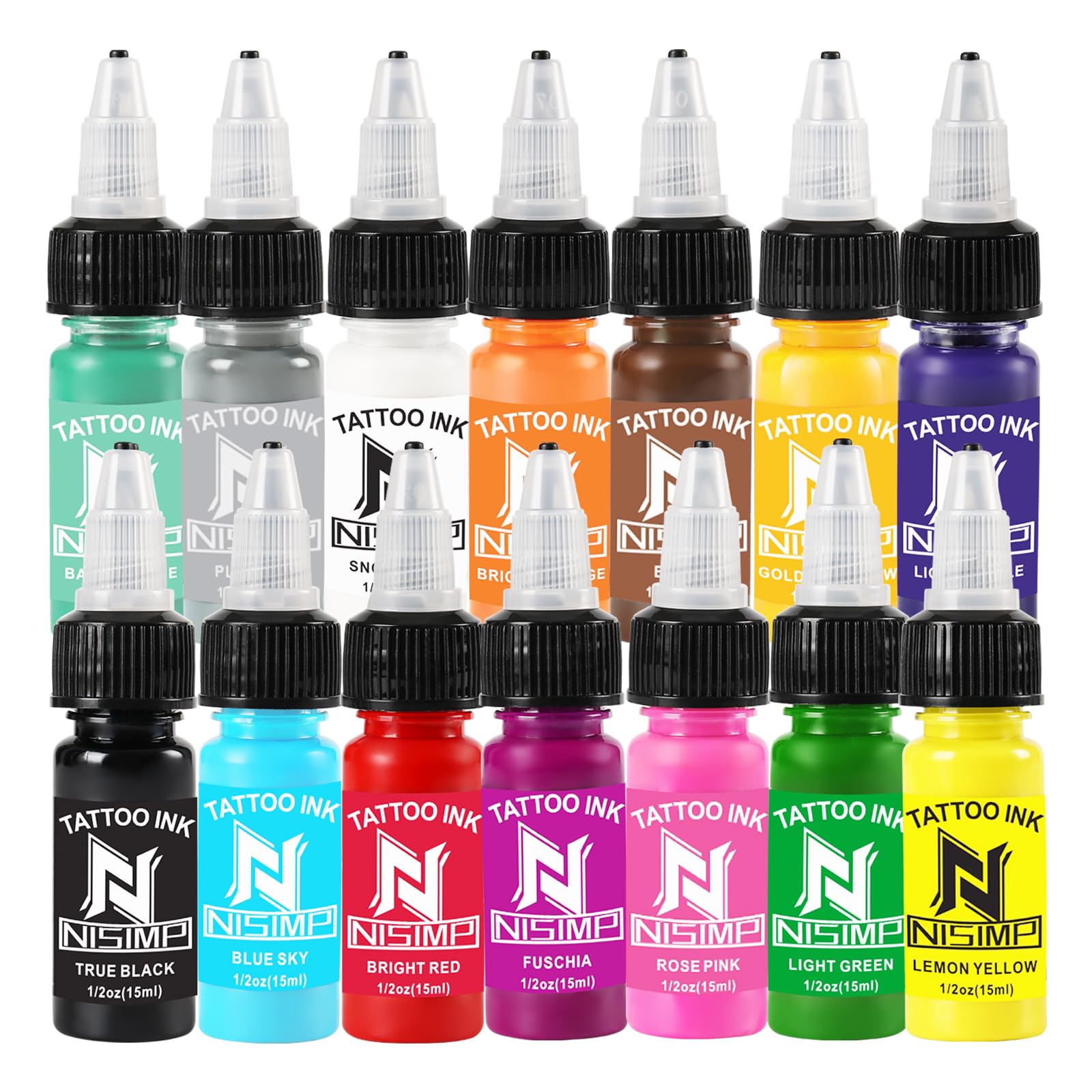 NISIMP tattoo ink 14 colors swatch highlighting vibrant pigments for precise linework.