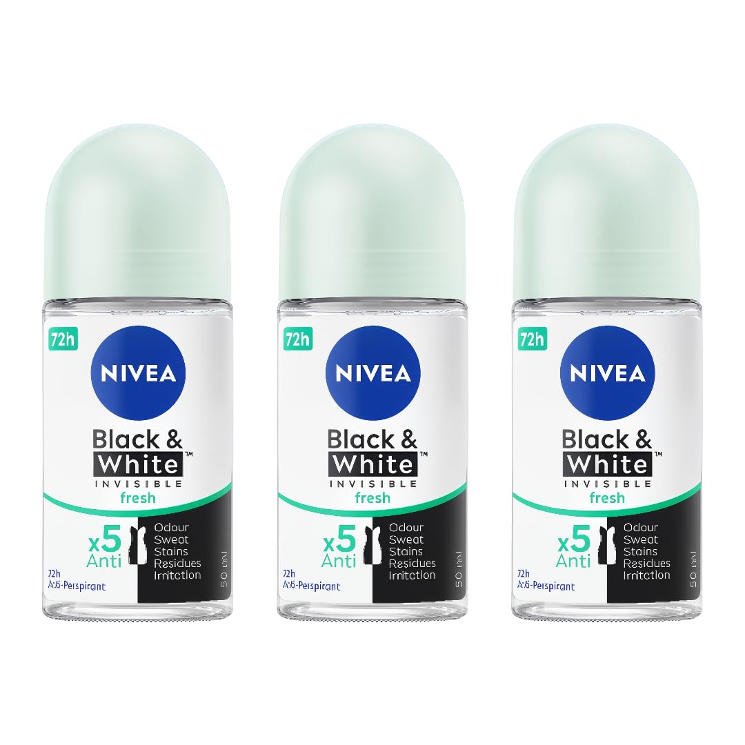 NIVEA Black & White Invisible Fresh roll-on 50ml protects against odor with alcohol-free formula.