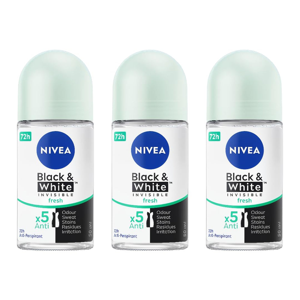 NIVEA Black & White Invisible Fresh roll-on 50ml protects against odor with alcohol-free formula.