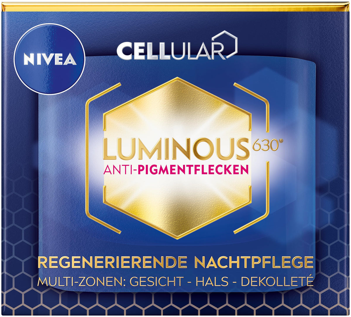 NIVEA Cellular Luminous630 Night Cream on face, neck, and decollete for overnight hydration and even tone