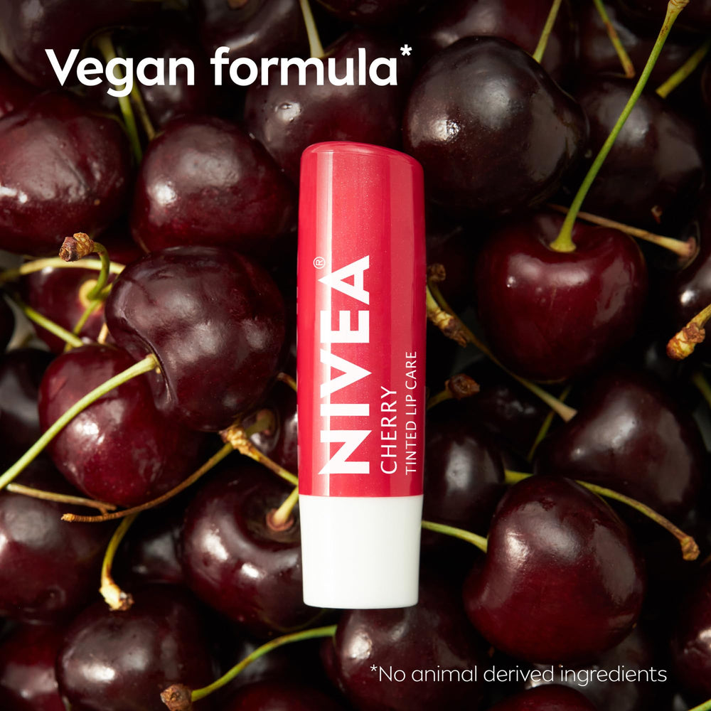 NIVEA Cherry Lip Care color payoff under daylight.