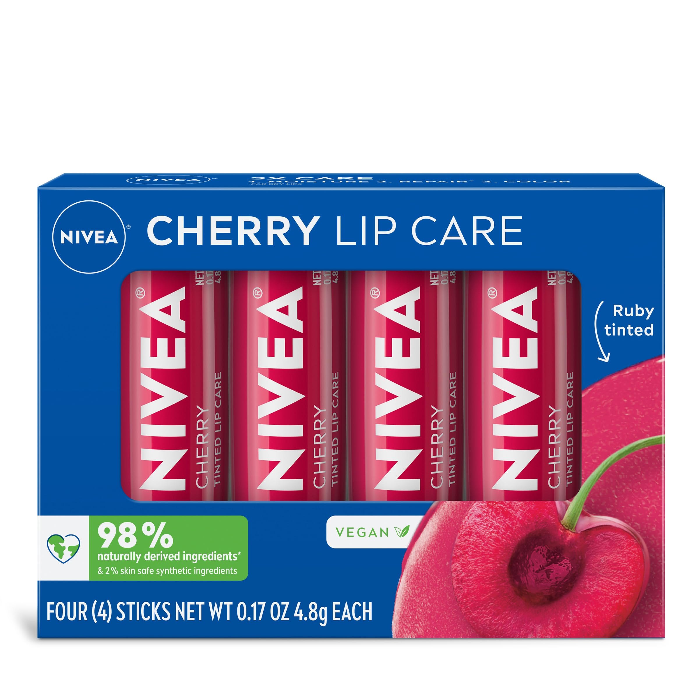 NIVEA Cherry Lip Care packaging showing a 4-pack for on-the-go hydration