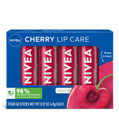 NIVEA Cherry Lip Care packaging showing a 4-pack for on-the-go hydration