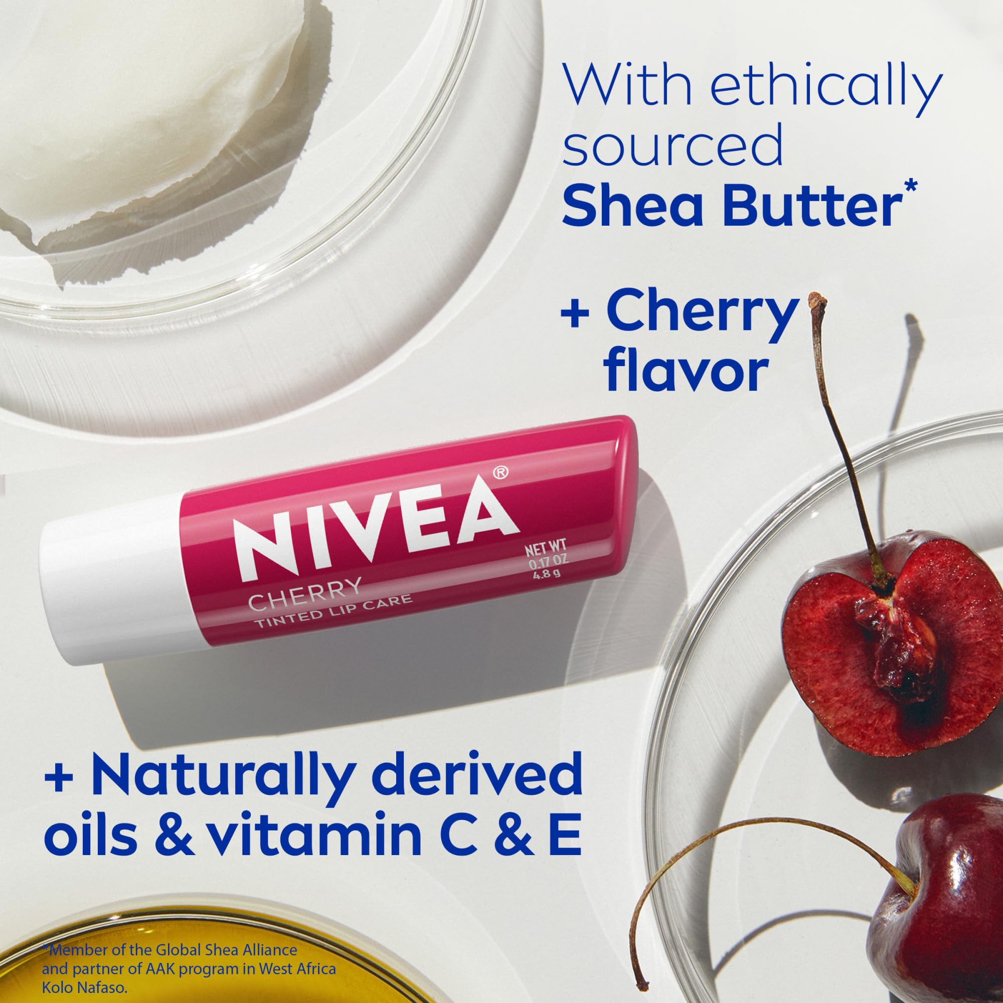 NIVEA Cherry Lip Care pack of six sticks for travel.