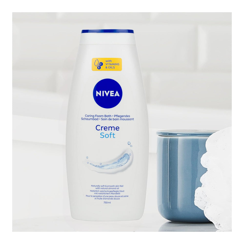 NIVEA Cream Soft Care Bath foam showcasing luxurious lather for relaxation.