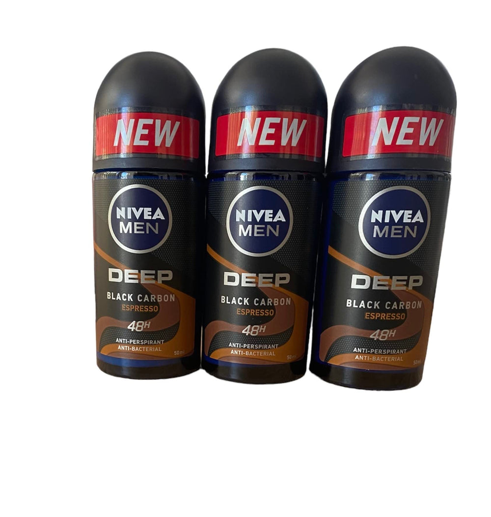 NIVEA Men Dimension roll-on bottle with dark wood and espresso notes for long-lasting freshness.