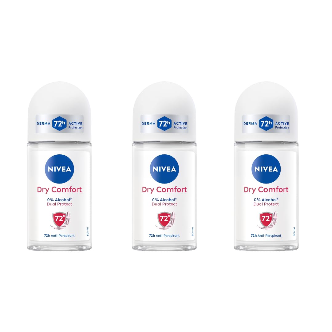 NIVEA Dry Comfort roll-on bottle close-up highlighting compact 50ml travel-friendly design.