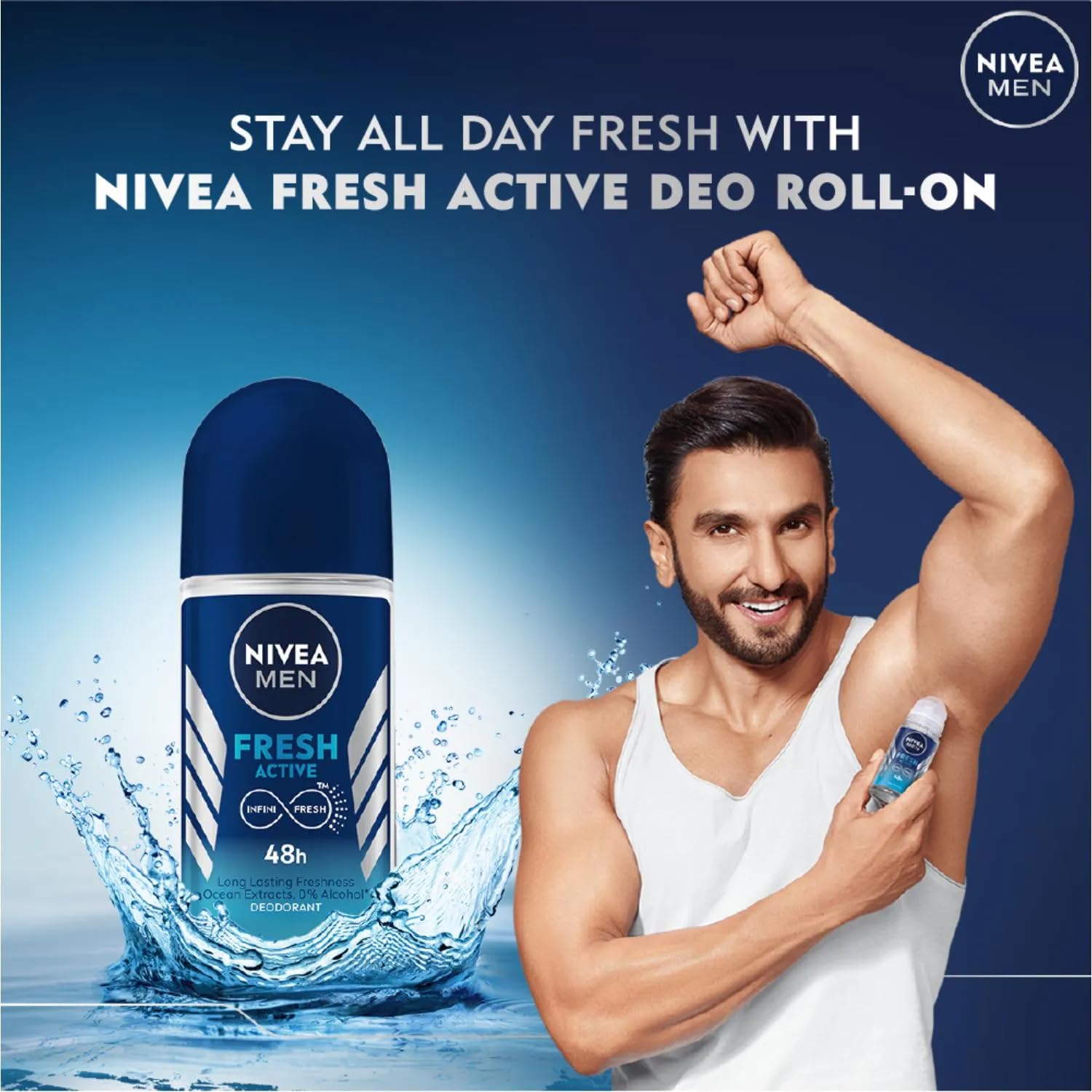 NIVEA Fresh Active roll-on label shows alcohol-free formula for sensitive skin.