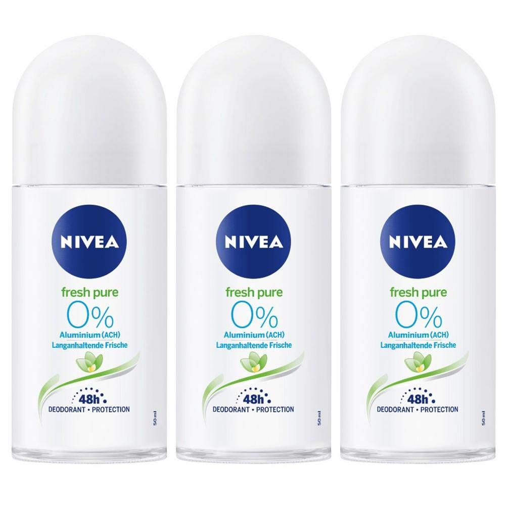 NIVEA Fresh Pure roll-on deodorant bottle, 3-pack of 50 ml, long-lasting freshness