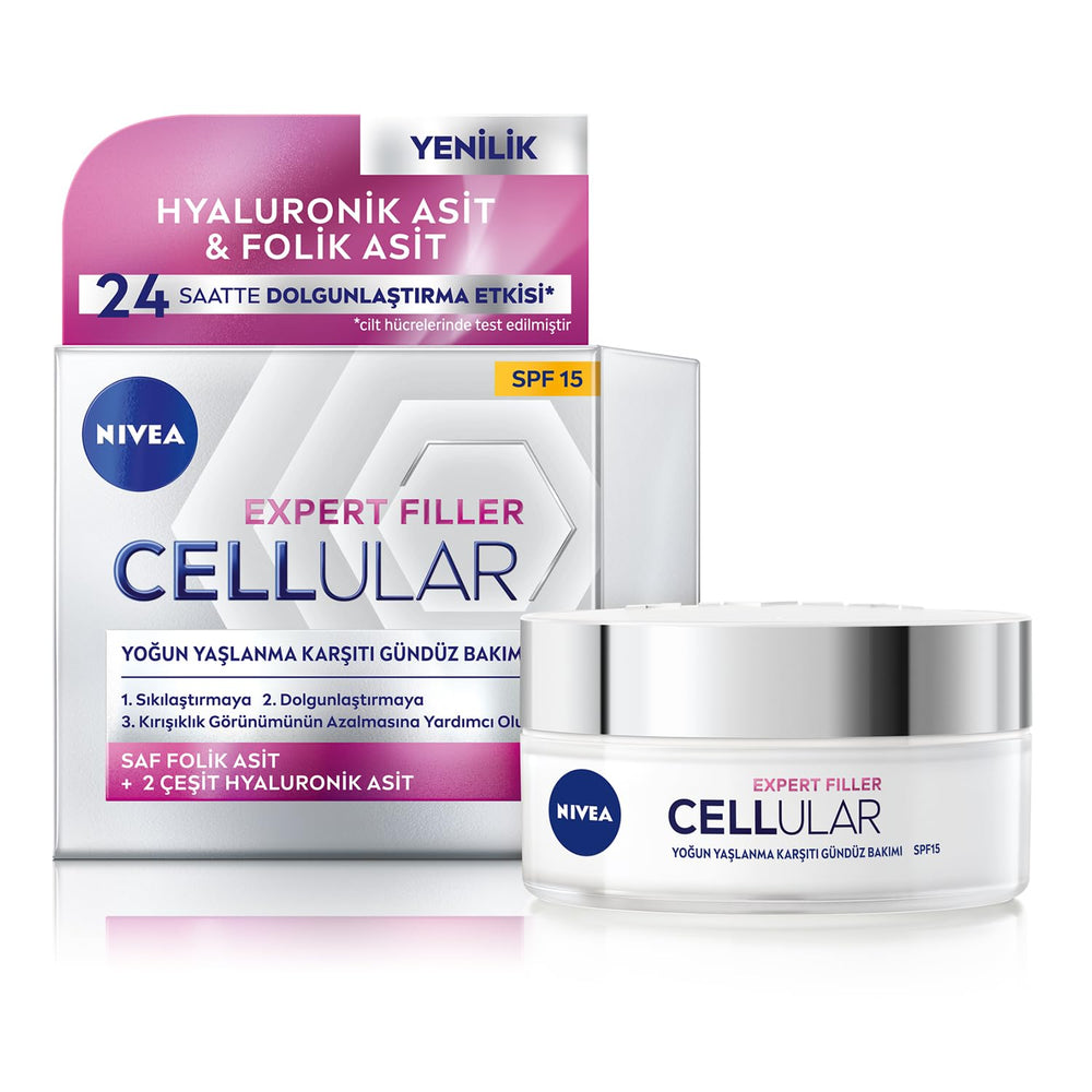 NIVEA Hyaluron Cellular Filler 50 ml jar delivers lasting hydration for a refreshed complexion.