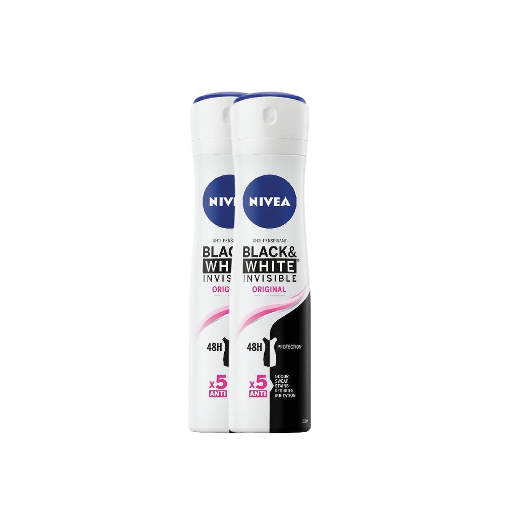 NIVEA Invisible Black & White spray bottle offers 48h protection for dark fabrics.