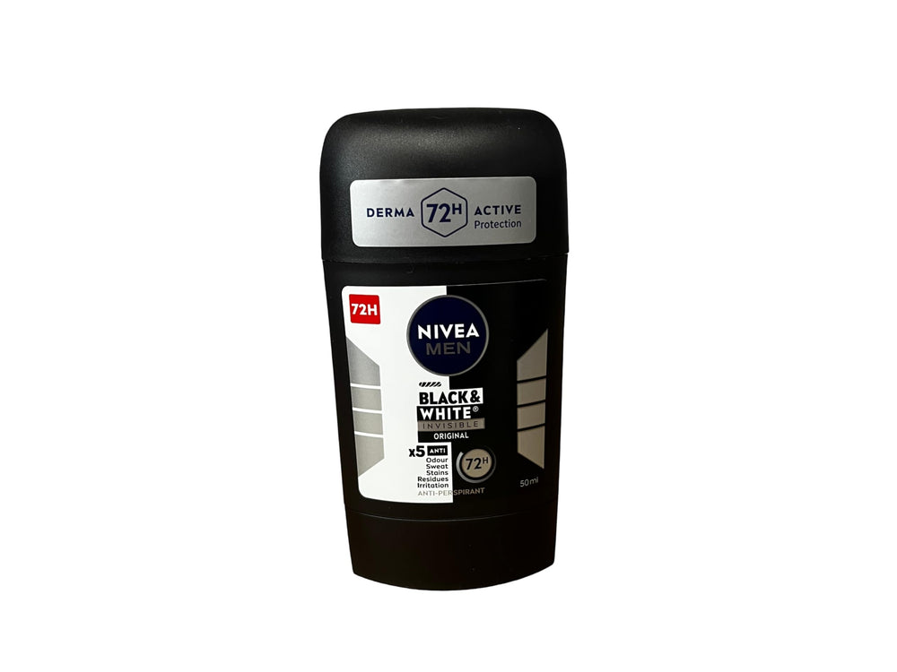 NIVEA Invisible Black & White stick for men, 50 ml, helps prevent white marks on dark fabrics.