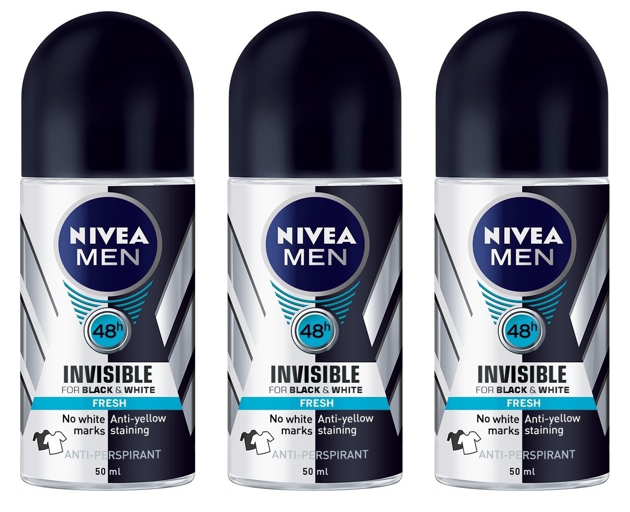 NIVEA Invisible for Black & White 3-bottle pack keeps fabrics looking dark and light with no residue.