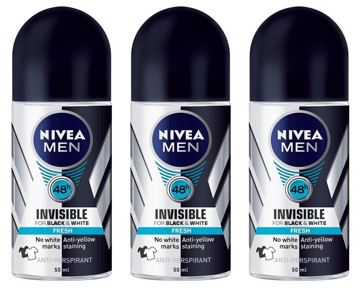 NIVEA Invisible for Black & White roll-on bottle 3-pack for all-day freshness.